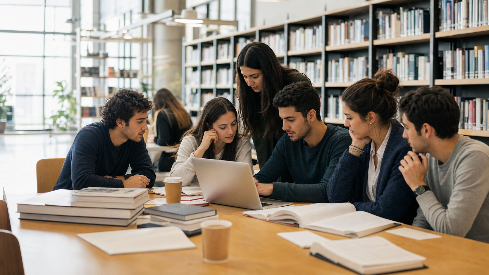 Kütüphanede birlikte çalışan Diplomasi Akademisi öğrencileri