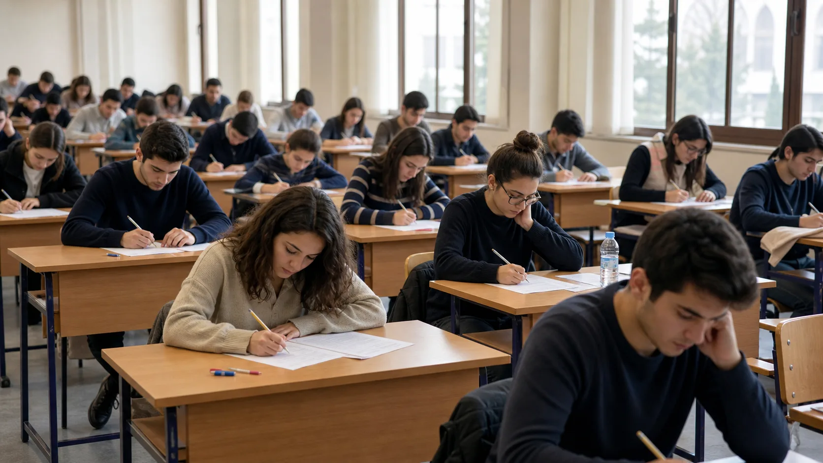 Sınav salonunda yazılı sınava giren gençler